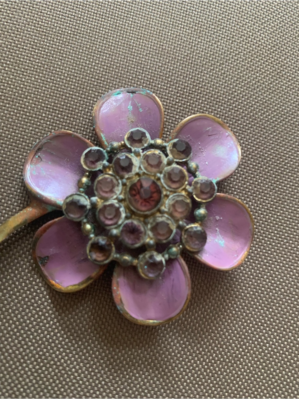 Vintage Pink Flower Brooch with Crystal Accents